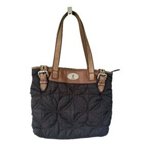 Fossil Key-Per Quilted Floral Fabric Cow Hide Leather Trim Shoulder Bag Tote
